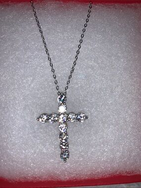 Solid Sterling Silver Large Moissanite Cross Necklace.